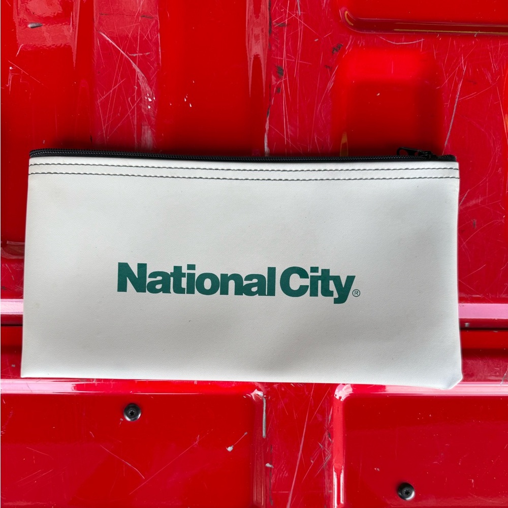 National City Bank Bag Zippered Vinyl 10 3/4” Vintage  Advertising Gray 2008